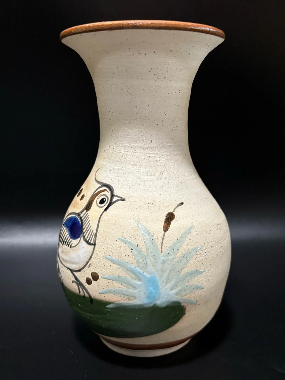 Vintage Tonala Mexican Pottery Vase Hand Painted Folk Art Bird Sandstone 6.5”